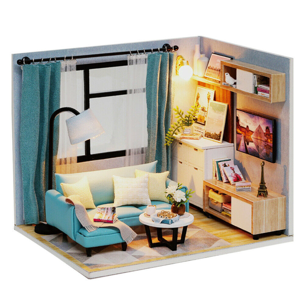 Miniature Dollhouse Blue Living Room "Memories of Paris" (with case cover option) - Miniature Owl