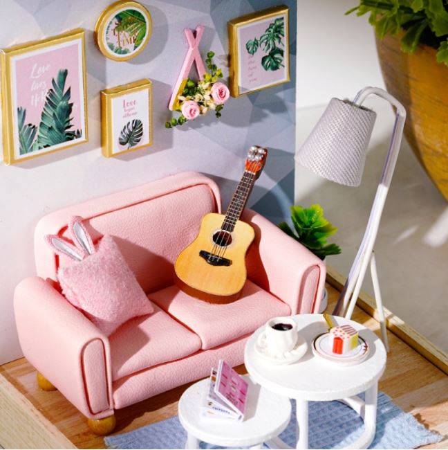 Miniature Dollhouse Mini Pink Living Room with FREE Case Cover "Afternoon Tea" - Miniature Owl