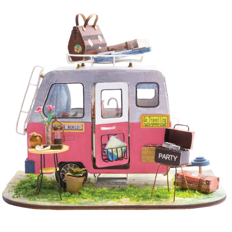 Miniature Dollhouse Pink Camper "Happy Travels" - Miniature Owl