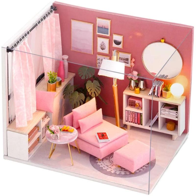 Miniature Dollhouse Pink Living Room "Happy Time" (with case cover option) - Miniature Owl