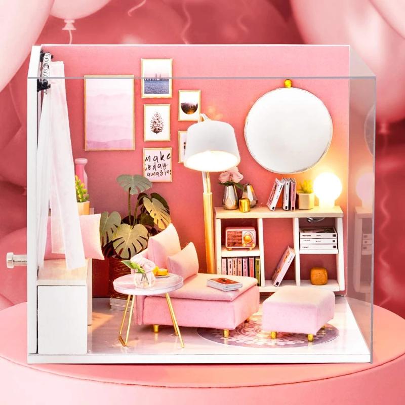 Miniature Dollhouse Pink Living Room "Happy Time" (with case cover option) - Miniature Owl