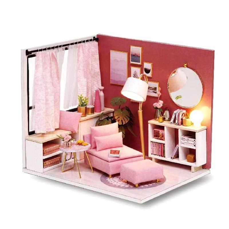 Miniature Dollhouse Pink Living Room "Happy Time" (with case cover option) - Miniature Owl