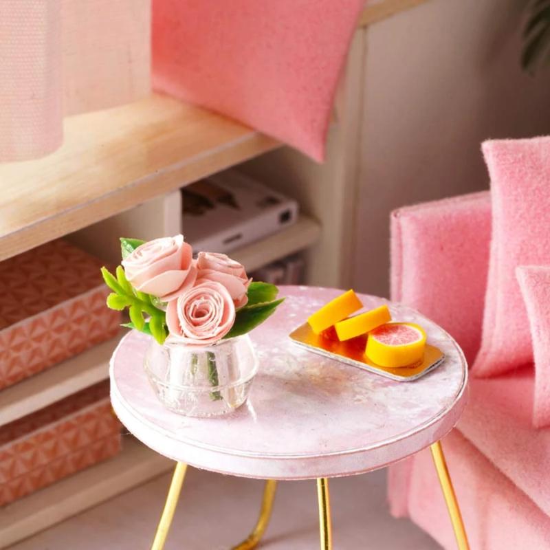 Miniature Dollhouse Pink Living Room "Happy Time" (with case cover option) - Miniature Owl