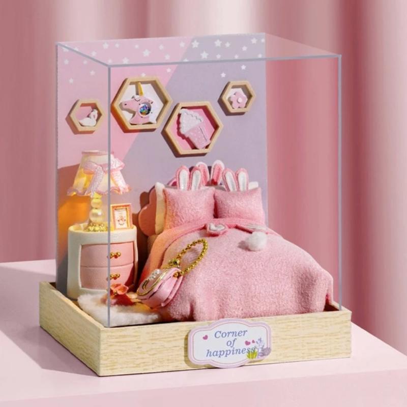 Miniature Dollhouse Mini Pink Bedroom with FREE Case Cover "Girl's Crush"