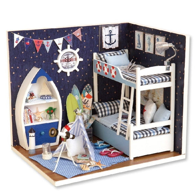 Miniature Dollhouse Blue Children's Bedroom "Face the Sky" - Miniature Owl